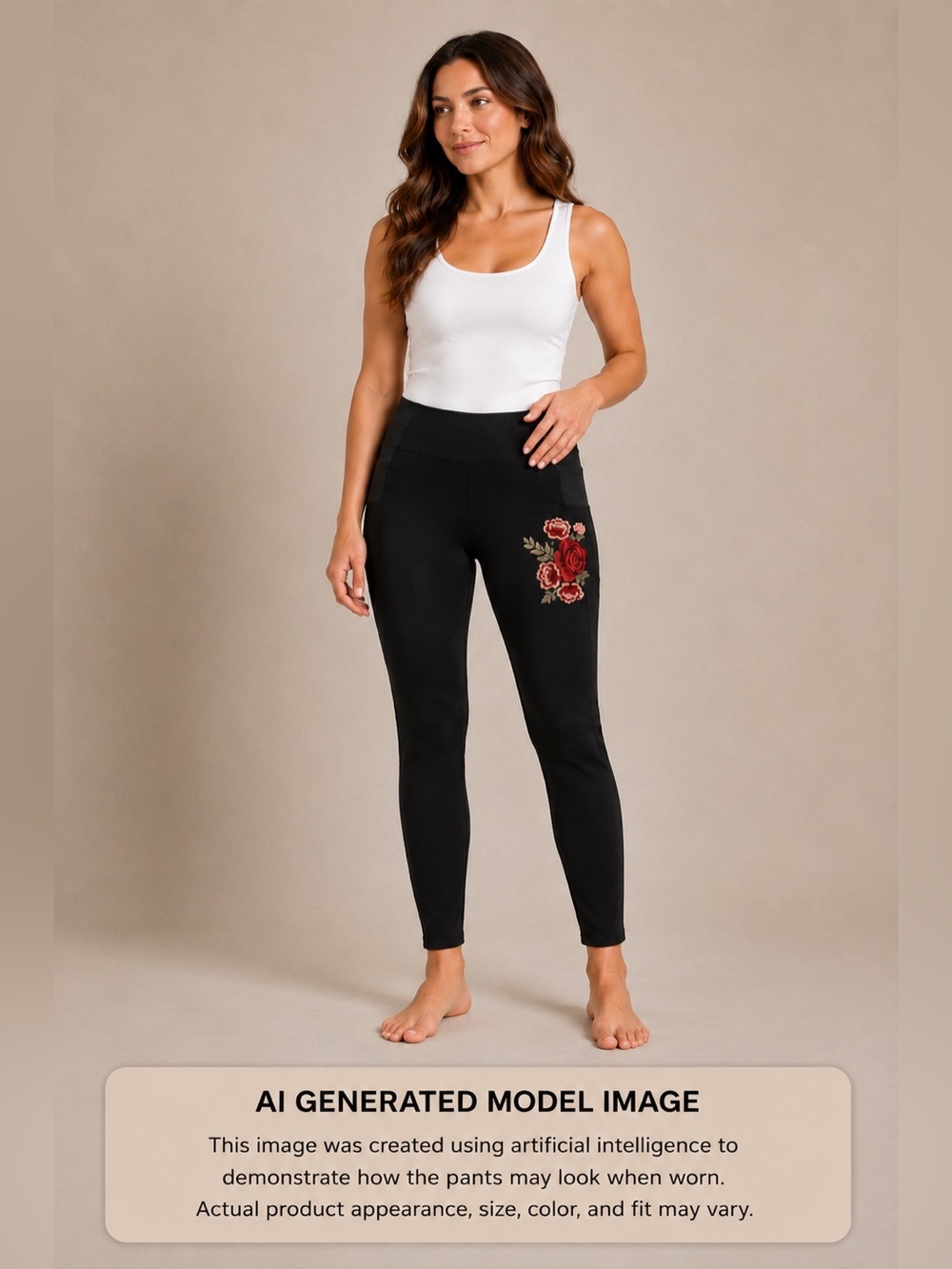Chocolate Black Stretch Leggings with Red Rose Floral Embroidery
